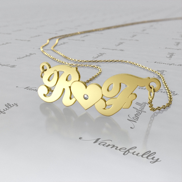 Two Initial Necklace with Diamonds- Glee Inspired in 14k Yellow