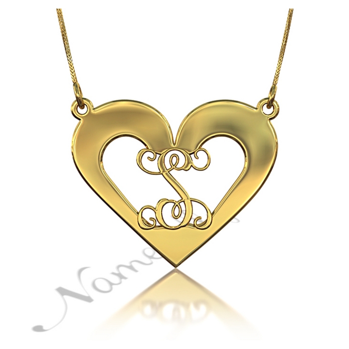 Initial Necklace Gold 14K Two Initial Necklace With Heart 