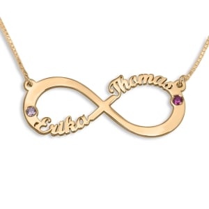 Double Thickness Infinity Two Name Necklace With Birthstones, 24K Gold Plated