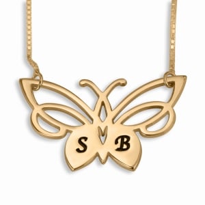 Initials Necklace, Lacy Butterfly, 24K Gold Plated