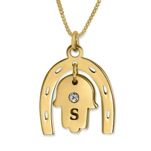 Double Thickness Birthstone Hamsa & Horseshoe Lucky Initial Necklace, 24K Gold Plated 