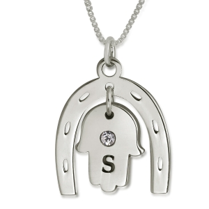 Double Thickness Birthstone Hamsa & Horseshoe Lucky Initial Necklace, Sterling Silver