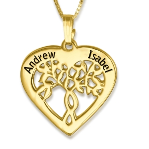 Couples Name Necklace, Tree of Life, 24k Gold Plated