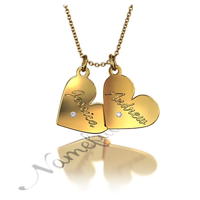 Couple Name Necklace with Two Hearts & Diamonds in 14k Yellow Gold